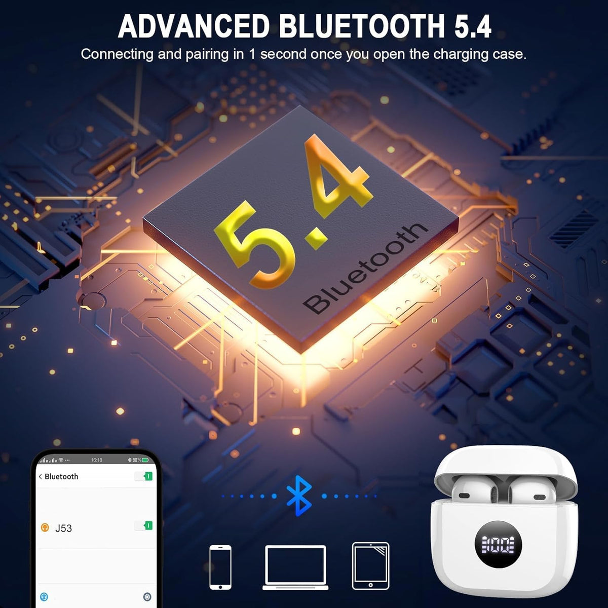 Wireless Bluetooth 5.4 Earbuds, Ear Buds LED Power Display Headphones 6D Stereo, Bluetooth Earbuds in-Ear Noise Cancelling Mic, 40H Playback Mini Case IP7 Waterproof Sports Earphones for Android iOS