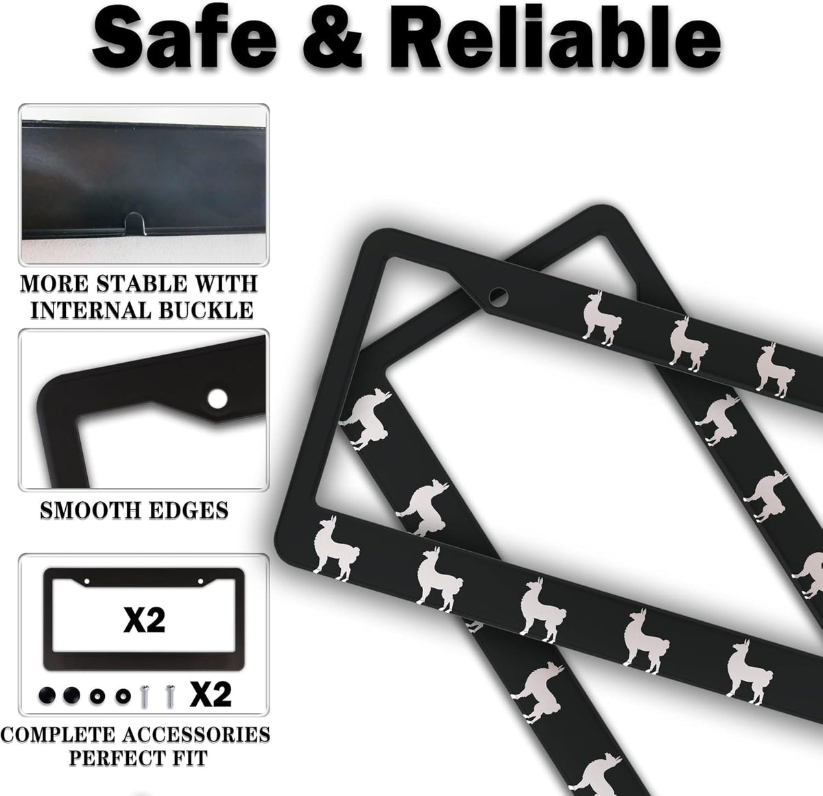 License Plate Frames Black and White Automotive Exterior Accessories Llama Aluminum Metal Car Accessory 2 Pack with Screw Covers Set