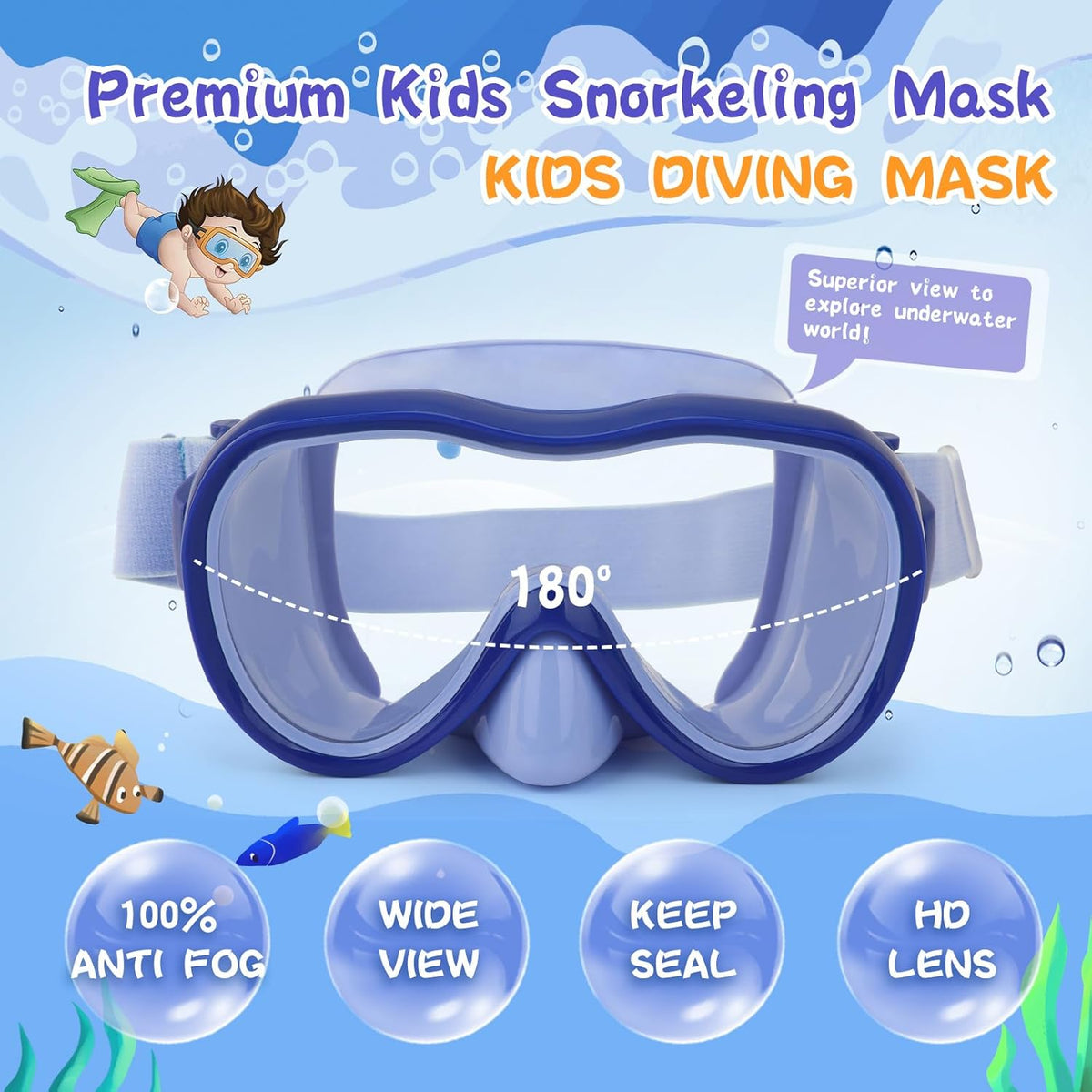 Kids Swim Goggles with Nose Cover, Anti-Leak Swim Mask with Elastic Fabric Strap, UV Protection Swimming Goggles for Kids