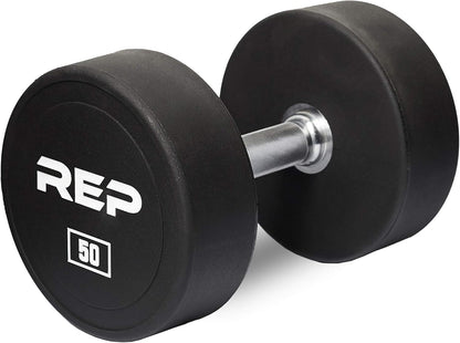 REP Fitness Urethane Coated Round Dumbbells, 5 to 100 lbs, Singles or Pairs, With or Without Rack, Steel Core, Rubber Encased, Chrome Handles, Professional Weights for Home Gym Strength Training