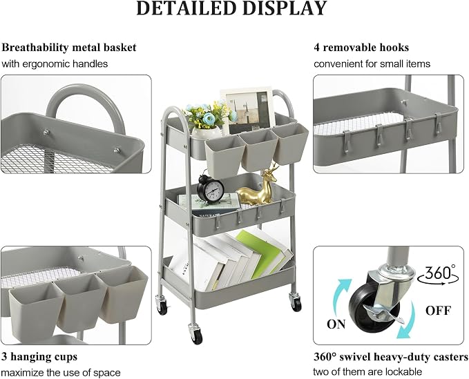 danpinera 3-Tier Rolling Cart, Metal Rolling Storage Cart with Lockable Wheels & Hanging Cups & Hooks, Mobile Trolley Cart for Kitchen, Bathroom, Office, Workshop, Gray