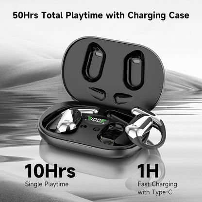 Open Ear Clip Wireless Earbuds Bone Conduction Headphones, Bluetooth 5.4, Open Ear Design for Running Fitness,office，Built-in Mic, IPX7 Waterproof, LED Display Charging Case,Ear Hooks Ear Buds