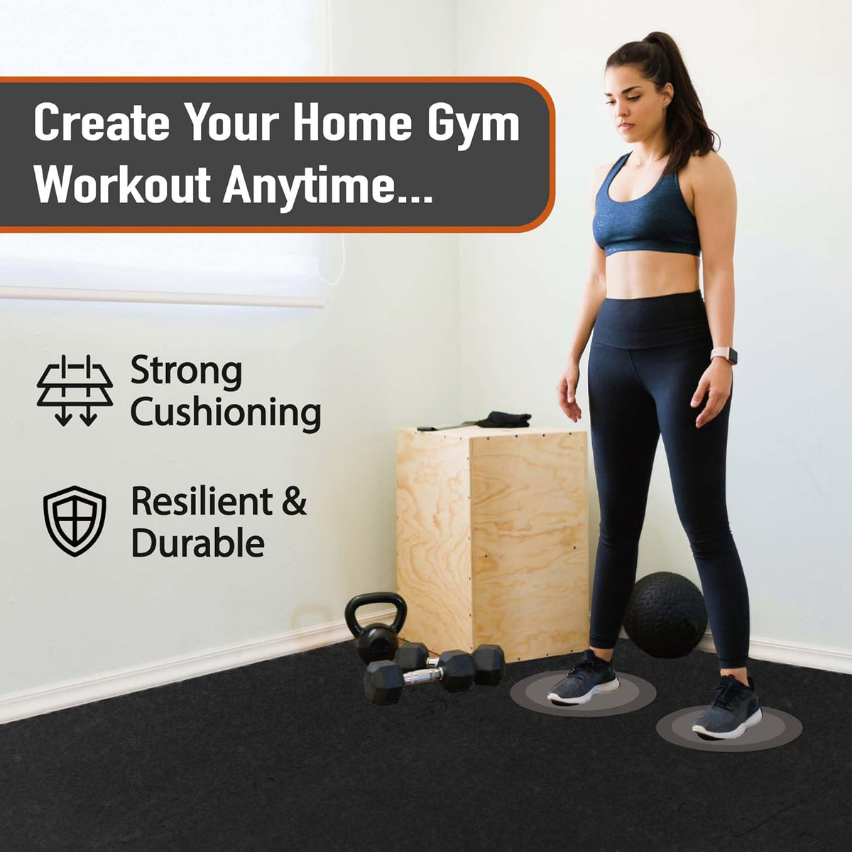AIRHOP 0.56in Thick 48 Sq Ft Exercise Equipment Mats, 12 Tiles Upgraded Rubber Top with High Density EVA Foam, Large Interlocking Puzzle Gym Flooring for Home Gym, Heavy Weight Workout,Black