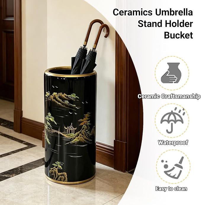 Ceramic Umbrella Stand Umbrella Holder for Entryway Hand-Made Umbrella Stand Barrels Umbrella Holder Cane Floor Standing Vase Ceramic Storage Bucket for Home Office Entrance Indoor.(Red 204)
