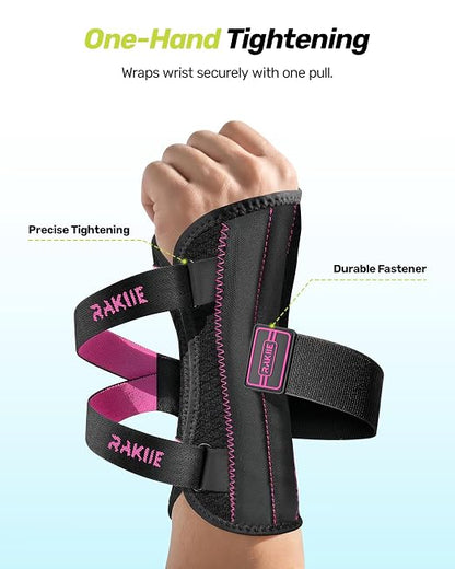 Rakiie Upgraded Carpal Tunnel Wrist Brace, Night Sleeping Support for Arthritis, Sprain & Tendonitis Pain Relief, Flexible 3-Bar Support, Breathable Hand Splint for Typing, Work & Housework, Fit for Men & Women (Pink, Small, Right Hand)