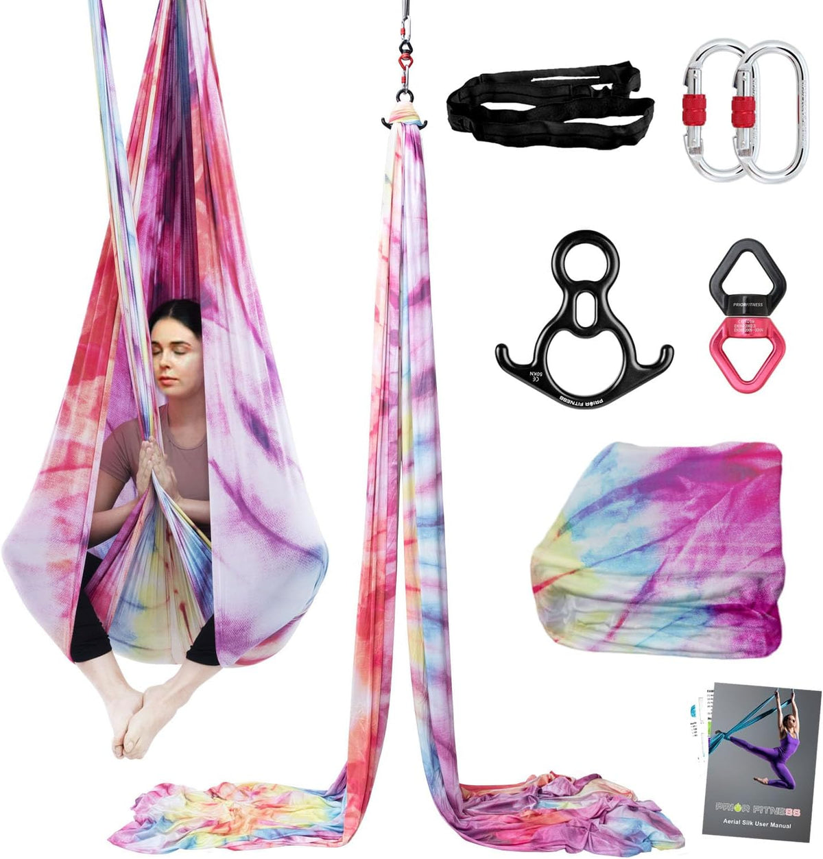 PRIOR FITNESS Aerial Silks Kit Colorful 9/15/20 Yards 40D Nylon Fabric Hammock Set With Hardware & Guide for All Levels Of Aerial Yoga Practice and Acrobatic Flying For Adults Aerial silk