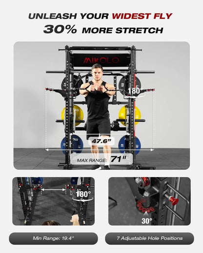 Mikolo Smith Machine, Multi-Function Power Cage with Dual Pulley System, Vertical Leg Press Attachment, Squat Rack Power Rack with More Training Attachment for Home Gym