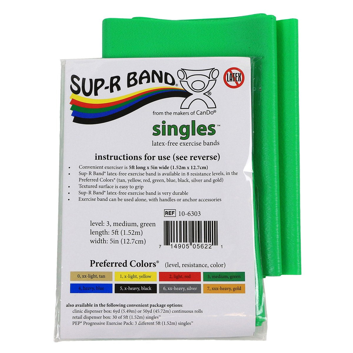 Cando 10-6303 Sup-R Latex Free Exercise Band, 5' Singles, Medium, Green