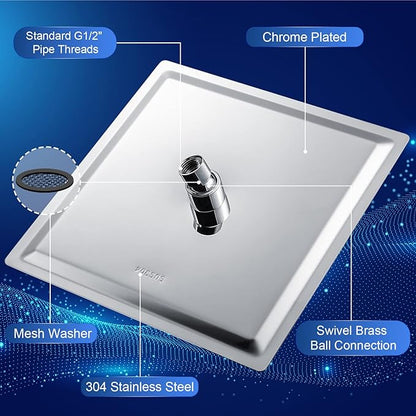 Rain Shower Head - 10 Inch High Pressure Shower Heads 304 Stainless Steel Ultra Thin Square Showerhead Pressure Boosting Design, Ceiling or Wall Mount