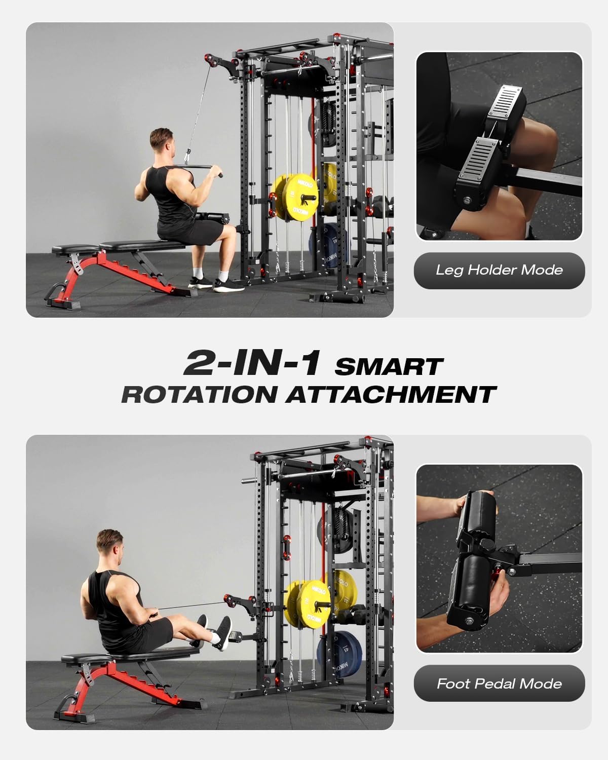 Mikolo Smith Machine, Multi-Function Power Cage with Dual Pulley System, Vertical Leg Press Attachment, Squat Rack Power Rack with More Training Attachment for Home Gym