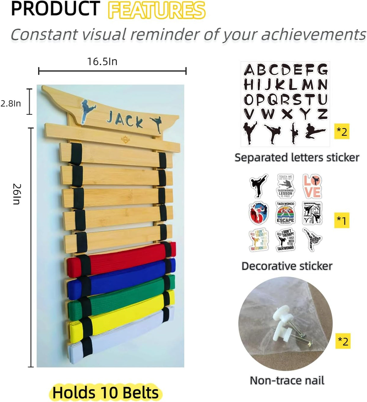 Martial Arts Belt Display Rack, Wooden Wall Mount, Karate and Taekwondo Belt Holder