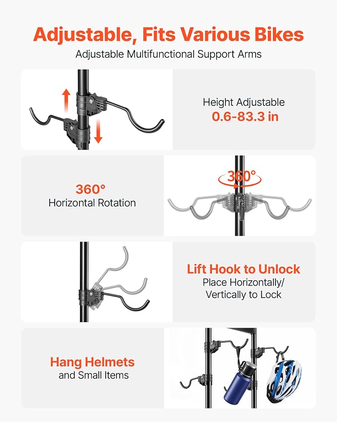 VEVOR Bike Stand for 2 Bikes, Freestanding Vertical Bike Storage Rack, with Height-Adjustable Hooks, Heavy-Duty Carbon Steel Standing Bicycle Floor Stand, Ideal for Garage, Apartment, Home, Black