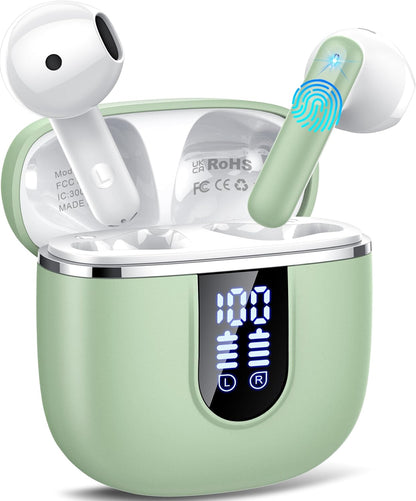 Wireless Earbuds, Bluetooth 5.4 Headphones with 3D Bass Stereo, 40H Ultralight in-Ear Buds, Bluetooth Earbuds with 4 ENC Noise Cancelling Mic, USB-C, IP7 Waterproof Earphones for Android iOS, Green