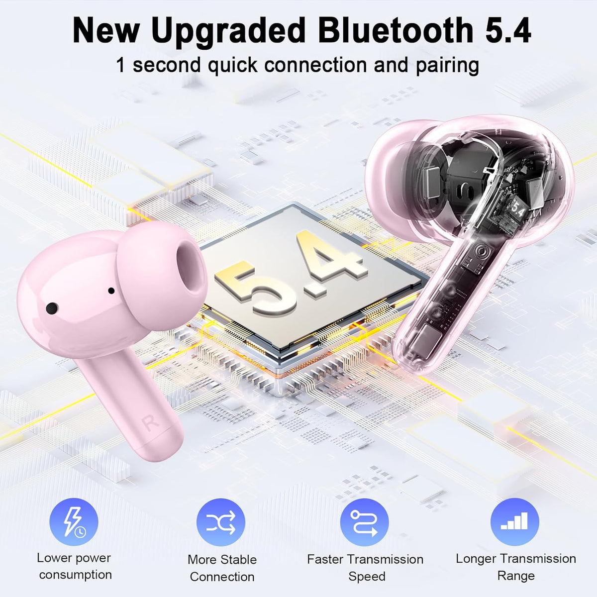 Wireless Earbuds, 2025 Bluetooth 5.4 Headphones Hi-Fi Stereo Ear Buds, 4 ENC Noise Cancelling Mic, 40+Hrs USB-C in-Ear Earphone, IP-X7 Waterproof Sport Workout Gym for Laptop Pad Android iOS