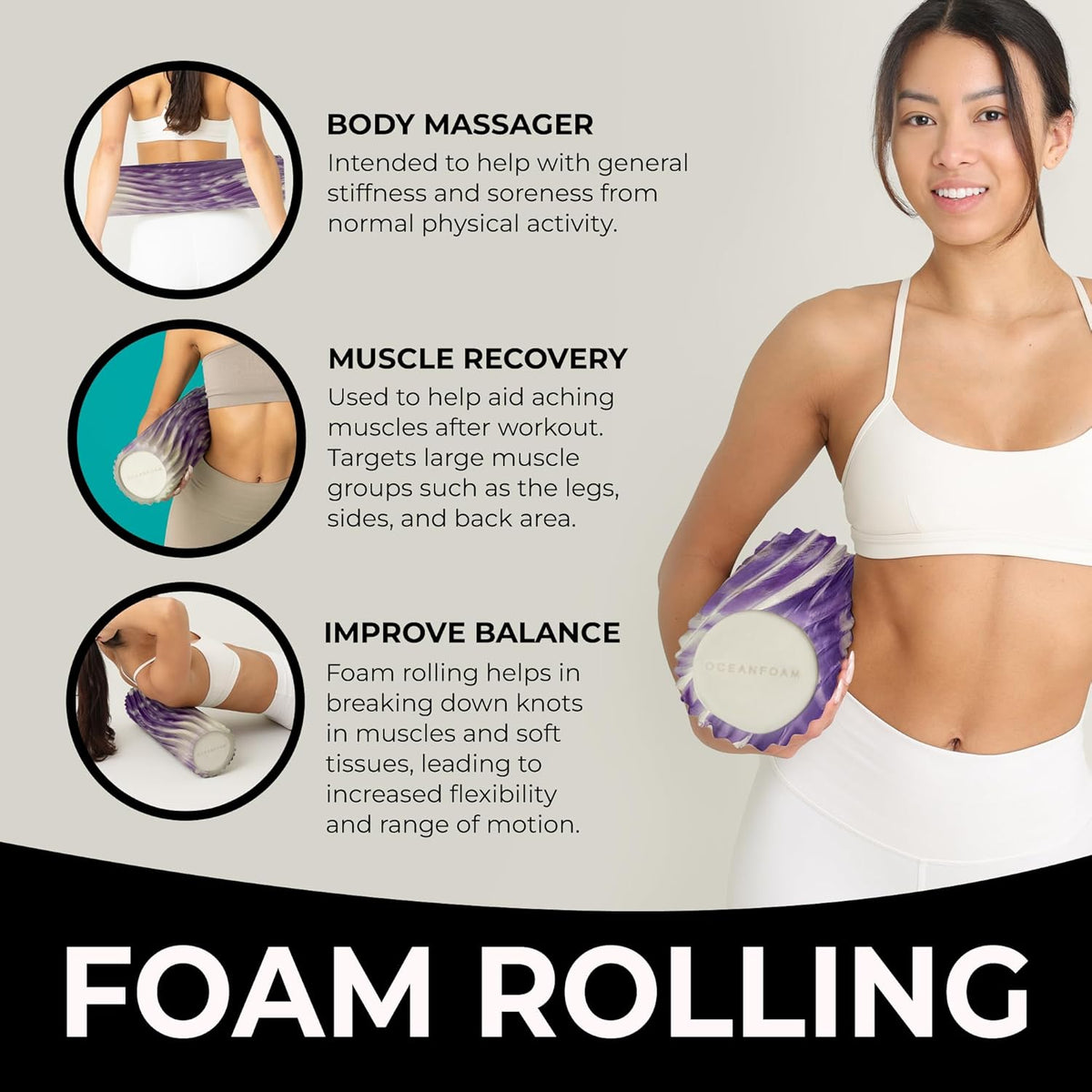 Oceanfoam Tidal Roller - Purple Marbled - Muscle Massage Foam Roller for Back Pain & Stretching - Firm and Ergonomic Wide Wave Textured - Yoga, Athletics, & Wellness - Full Size, 20" x 5"