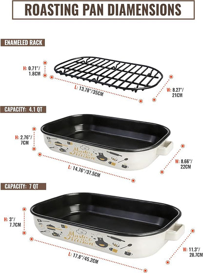 Roasting Pan with Rack & Handle 6-Piece Enamel Lasagna Baking Dish 14&17 Inch, 572°F High Temperature Resistance Dishwasher Safe Non-Stick Easy-To-Clean Steak Roaster Pan for Oven Gift Bakeware