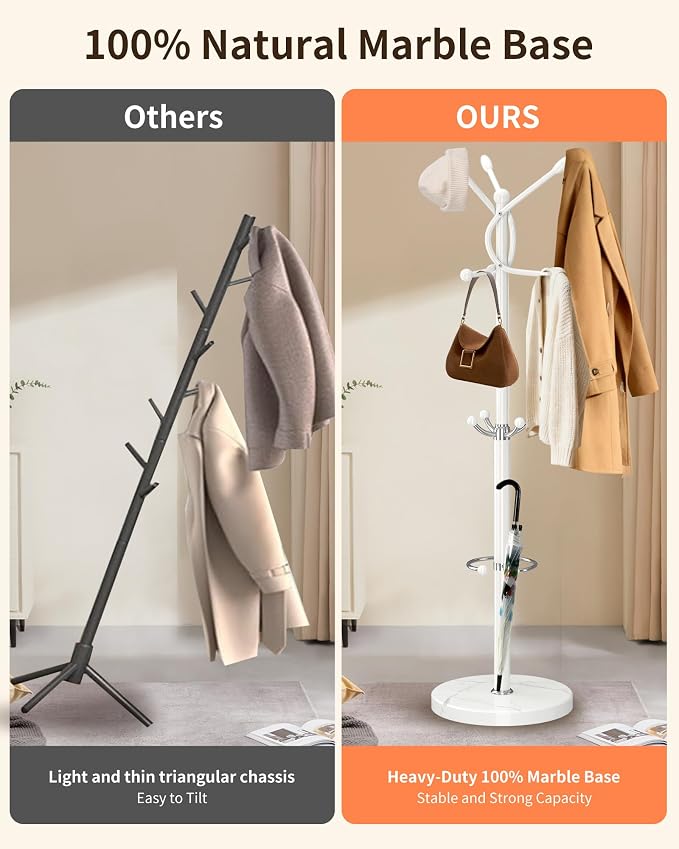 ZOZOE Metal Coat Rack Stand, Modern Coat Rack Freestanding with Natural Marble Base, Sturdy Coat Racks with 10 Hooks & Umbrella Holder,White Coat Tree Hanger Stand for Bags,Hats,Entryway,Office