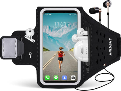 Running Armband with Earphone Bag Cell Phone Armband for iPhone 16 15 Pro 14 Plus 13 11 XR XS, Galaxy S24/S10 Water Resistant Sports Phone Holder Case & Zipper Slot Car Key Holder for 6.9 inch Phone