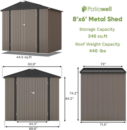 Patiowell 8x6 FT Outdoor Storage Shed, Metal Tool shed & Outdoor Storage with Lockable Doors & Air Vents, for Backyard Garden Patio, Brown