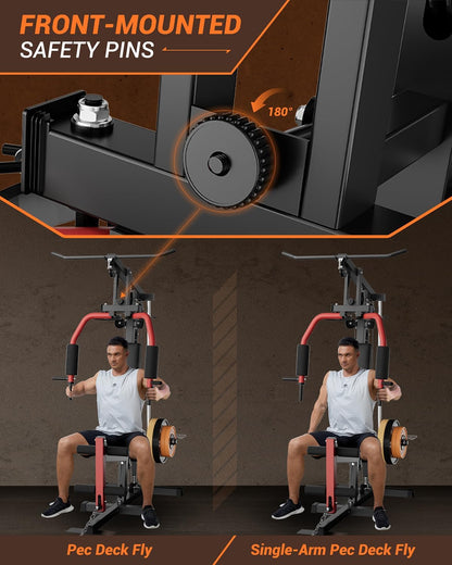 Multifunctional Home Gym Equipment with Lat Pulldown, Exercise Workout Station with Leg Press,Max 300LBS Capacity Home Gym Mahcine for Full Body Strength Training,Fit 1" & 2" Weight Plates(No Include)