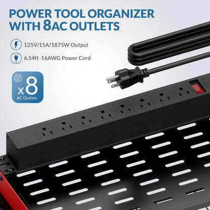 Power Tool Organizer with Charging Station, 4 Layers Garage Storage Rack with 6 Drill Holders, Father's Days Gift For Dad, Wall Mount Garage Organizer Built in 8 Outlets Power Strip, Red
