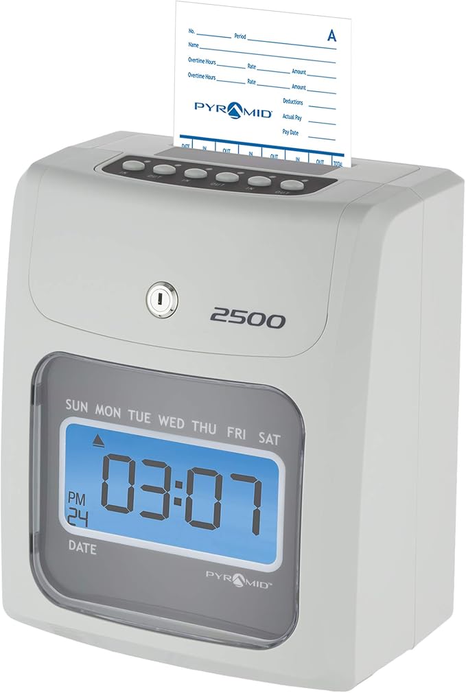 Pyramid Time Systems - 2500 Auto-Aligning Time Clock Bundle [2500K1] | Employee Time Clock, for Small Business, System With 100 Time Cards, 2 Ribbon Cartridges, 10-Slot Rack & Security Keys