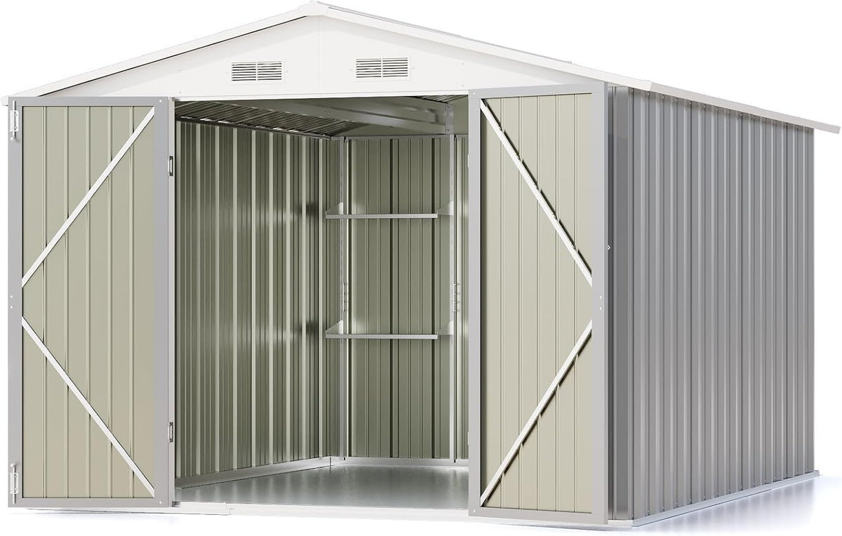 Patiowell 8x10 FT Outdoor Storage Shed with Detachable Storage Rack, Large Garden Tool Metal Shed with Sloping Roof and Double Lockable Door, Outdoor Shed for Backyard Garden Patio Lawn,Grey