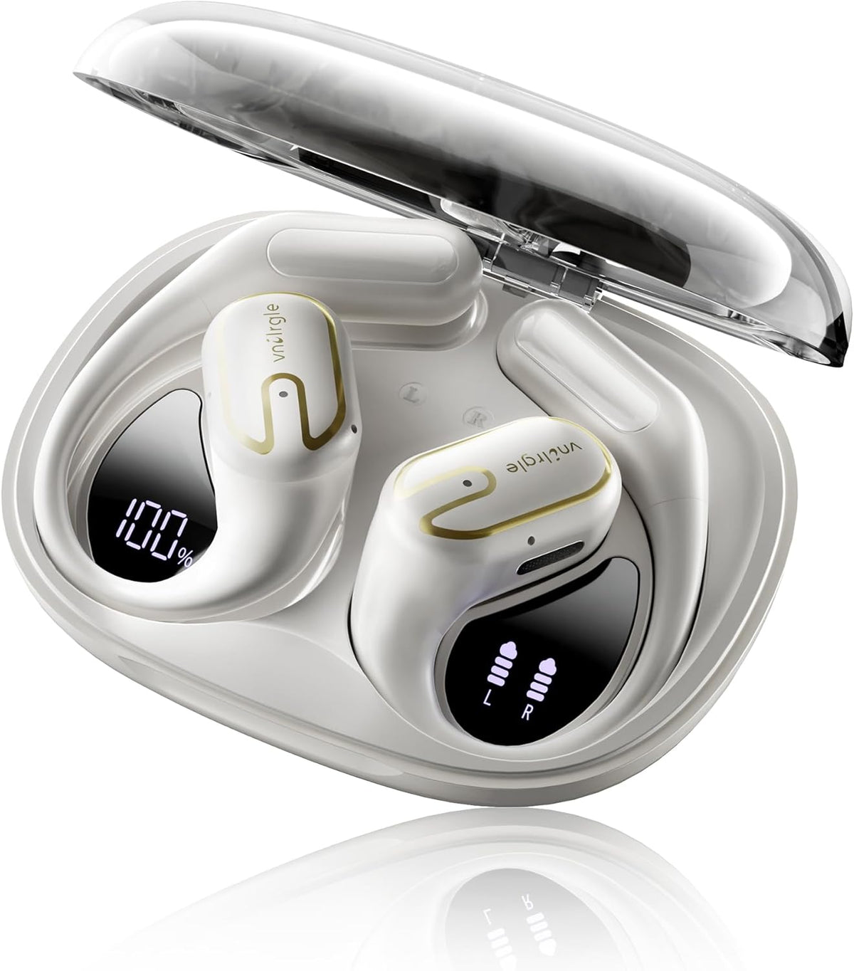 Open Ear Headphones 5.4 Bluetooth Sport Ear Buds with LED Digital Display IPX7 Waterproof, Wireless Earbuds Touch Control Air Conduction Stereo Sound with 18.2mm Drivers (Off White)