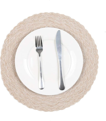 SHACOS Round Braided Placemats 15 inch Set of 4 Boho Woven Washable Kitchen Table Placemats for Home Wedding Party (T-Beige, 4)
