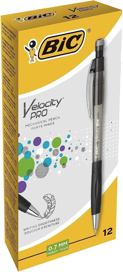 BIC Velocity Pro Refillable Mechanical Pencils - Black - Box of 12 (3 HB) Lead Pencils 0.7 mm with Eraser