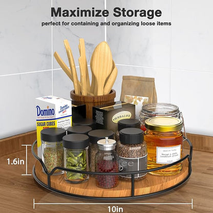 Lazy Susan Turntable Organizer with Anti-Slip Mat for Cabinet Pantry Kitchen Countertop Refrigerator Office, Pine Wood, 10", Carbonized Black