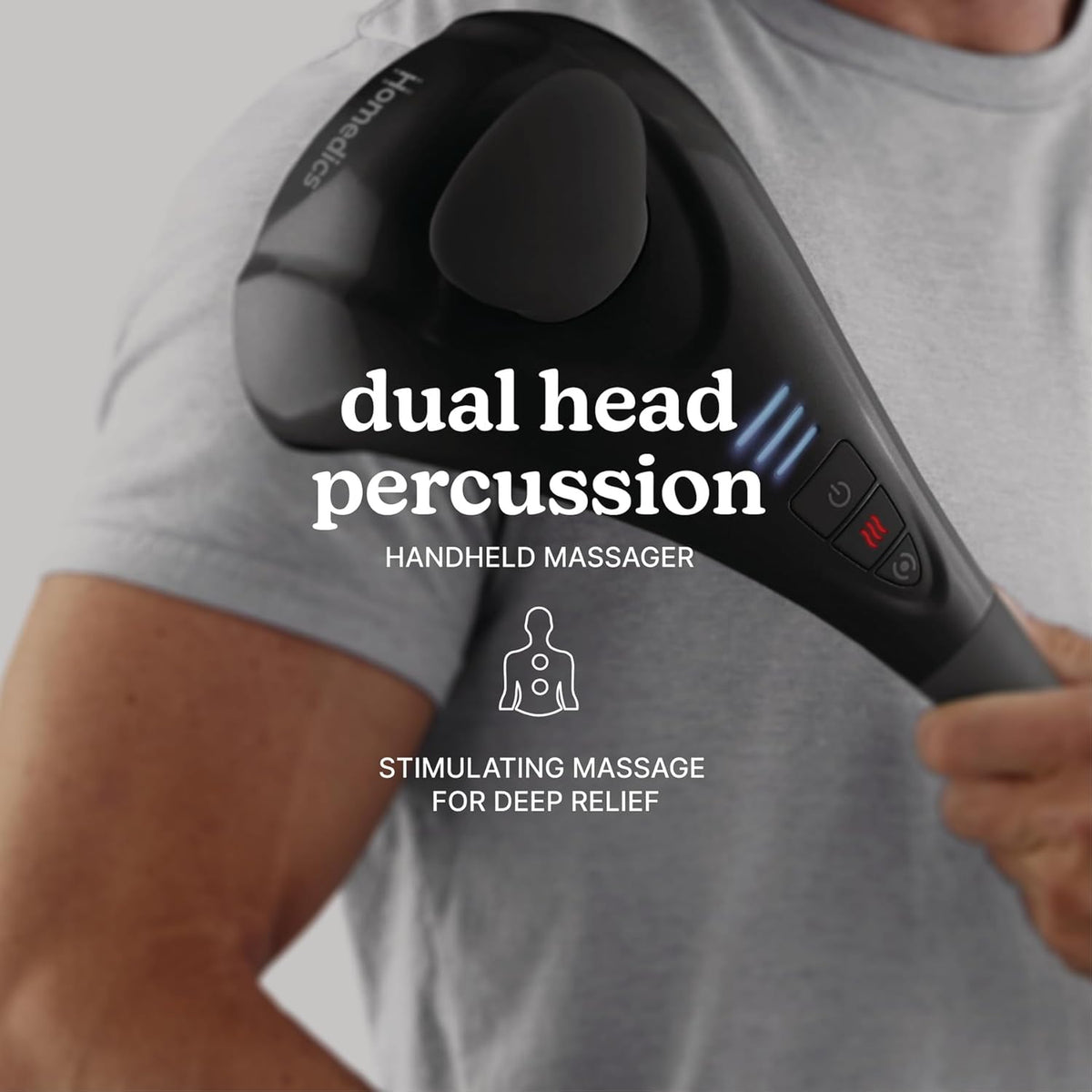 Homedics Handheld Back Massager, Dual Heated Nodes, Neck, and Body Percussion Massager with Interchangeable Nodes to Release Back, Neck, Shoulder Leg and Foot Tension