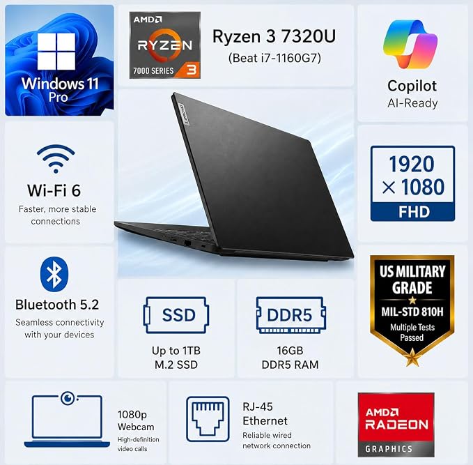 Lenovo V15 Business Laptop 2026 Edition, AMD Ryzen 3 7000-Series(Beat i7-1065G7), 15.6" FHD Display, 16GB DDR5 RAM, 256GB NVMe SSD, Wi-Fi 6, RJ-45, Dolby Audio, Windows 11 Pro