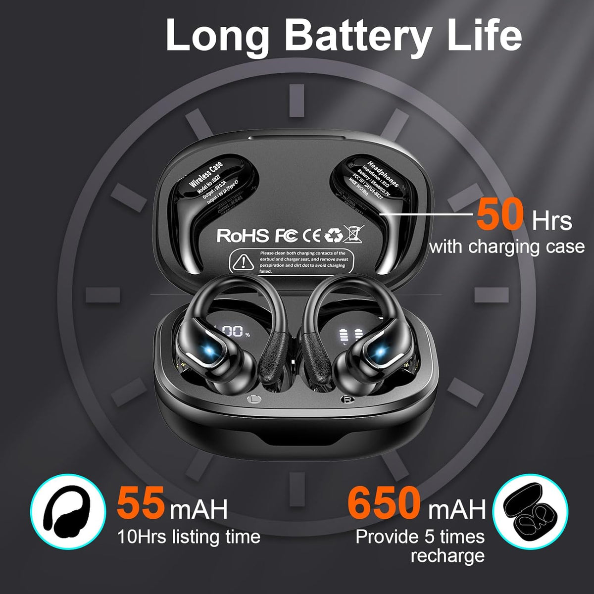 Ltinist Wireless Earbud, Bluetooth 5.3 Headphones Pure Bass Sound with Earhooks, 75H Battery Over Ear Headphones with Dual-LED Display, IP7 Waterproof Earphones Built-in Microphone for Running Sports
