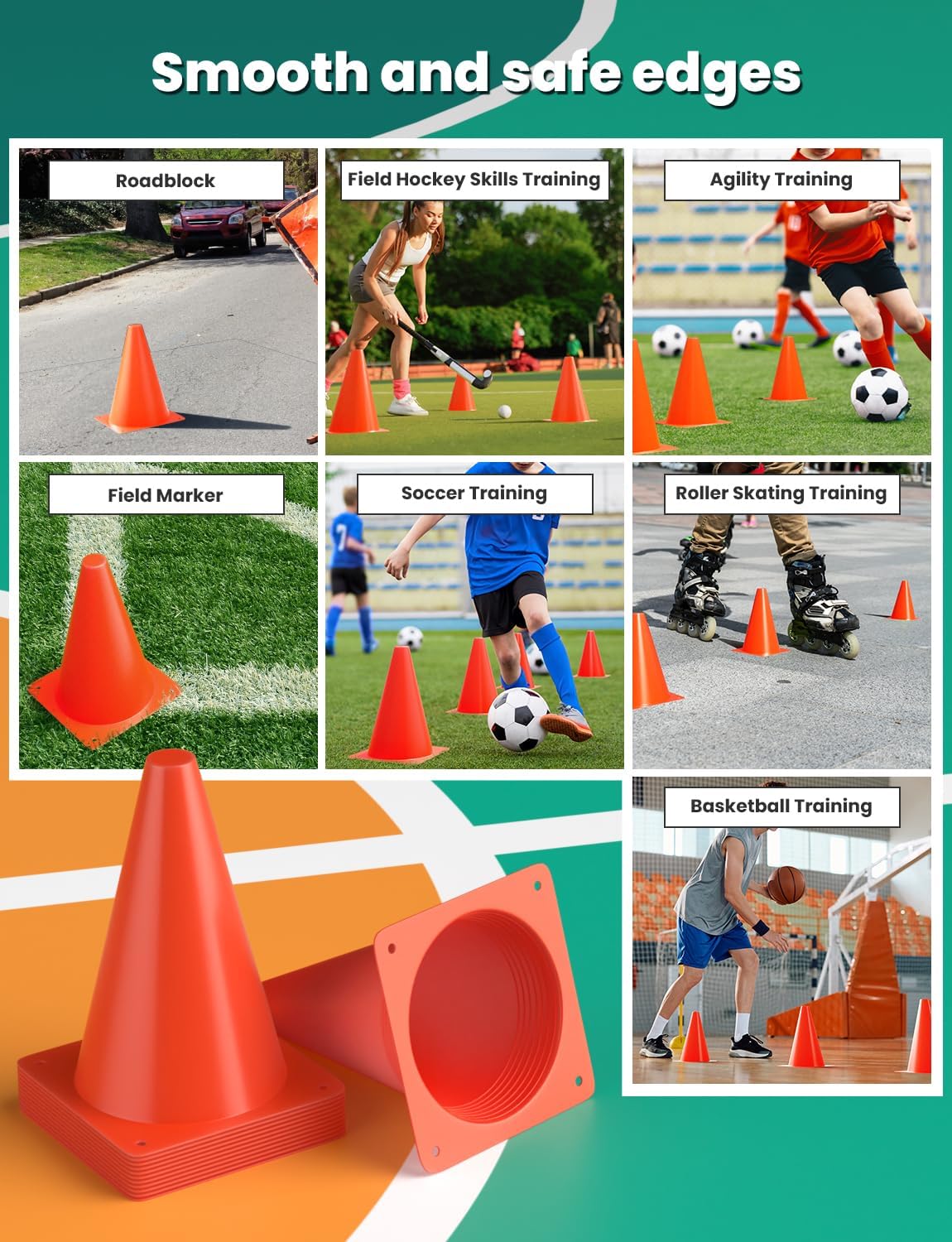 GHB Soccer Cones 7" 9" of 12 24 Pack Disc Soccer Sport Cones Training Field Marker Agility Cones for Basketball, Coaching, Practice Equipment Includes Drills Guide