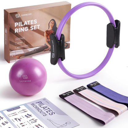 LIONSCOOL Pilates Ring Set – 14" Anti-Deformation Magic Circle with Padded Handles, Mini Ball, Resistance Bands, Guide & Bag