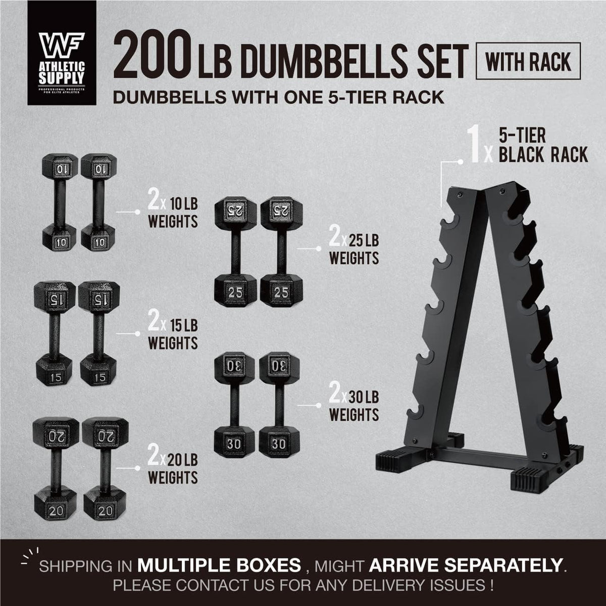 WF Athletic Supply 200Lb Dumbbell Set, 10-30Lb Dumbbell Set with A Frame Storage Rack for Muscle Toning, Strength Building & Weight Loss - Multiple Choices Available