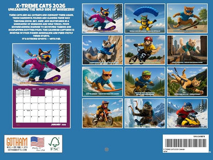 Extreme Sports Cats Calendar 2026 Monthly Wall Calender 12 Month | American Made In The USA