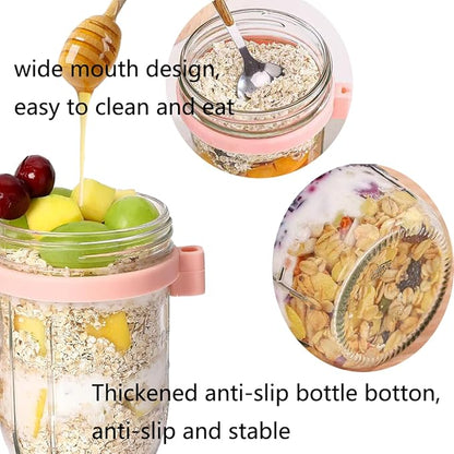 Glass Overnight Oat Containers with Lids & Spoons 10 oz Clear Mason Overnight Oats Jars with Measurement Marks Airtight Leak-Proof Cereal, Milk, Vegetable and fruit Salad Storage Container 2 Packs