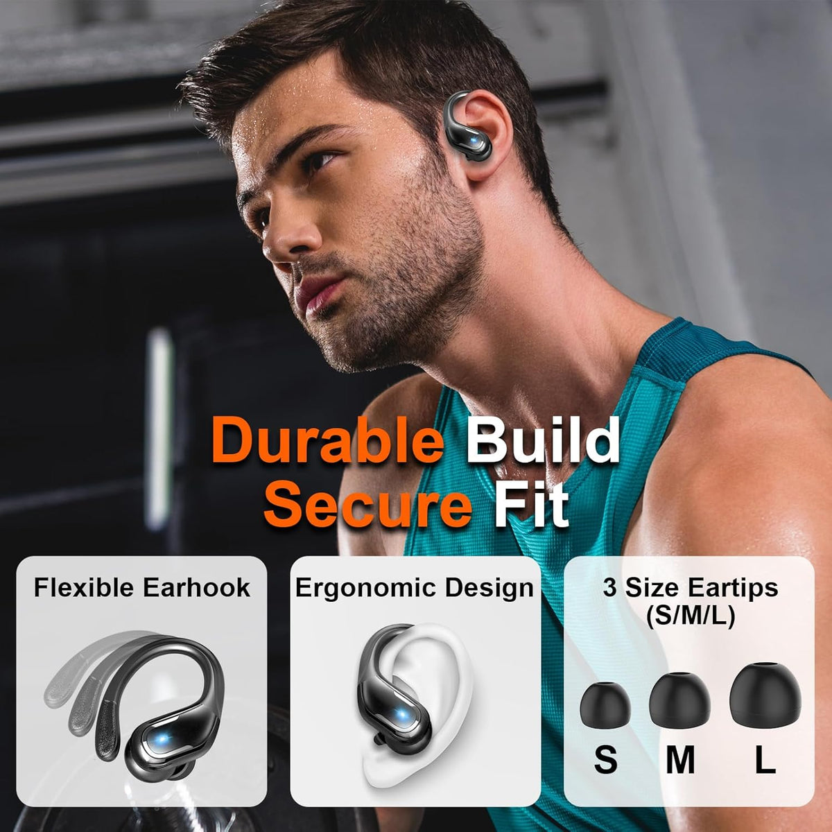 Ltinist Wireless Earbud, Bluetooth 5.3 Headphones Pure Bass Sound with Earhooks, 75H Battery Over Ear Headphones with Dual-LED Display, IP7 Waterproof Earphones Built-in Microphone for Running Sports