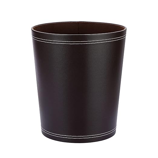 Sumnacon Round Leather Waste Basket,Small Classic PU Trash Garbage Can Under Desk Cabinet, Contemporary Wastebasket Bin for Home Office Laundry Room Living Room Bathroom Office,Brown