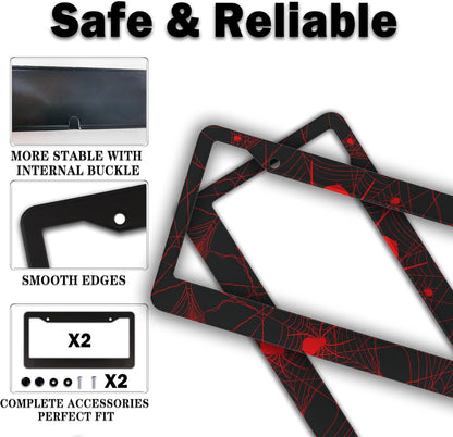 Custom License Plate Frame Red and Black License Plate Frames Red Spider Web Universal Aluminum Car Accessory 2 Pack with Screw Covers Set