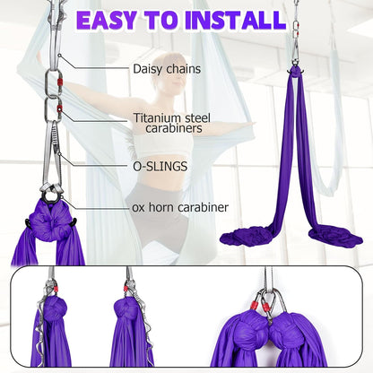 Aerial Silks Kit & Aerial Yoga Hammock - 11Yd Premium Fabric Hardware - Easy Setup for Flying Yoga, Aerial Swing & Fitness - Supports Up to 14ft Rigging