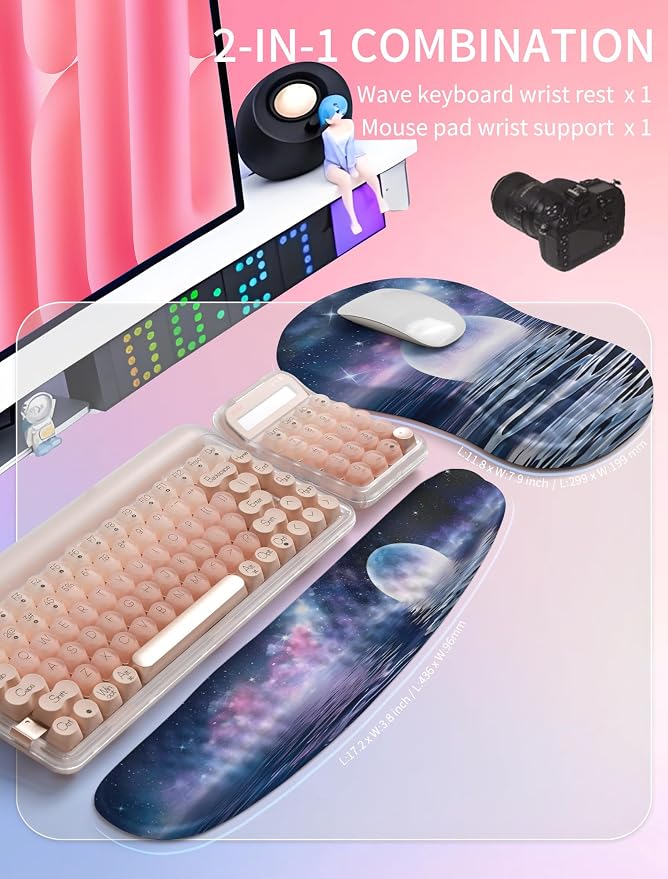 Hokafenle 2in1 Combination, Wave Keyboard Wrist Rest and Ergonomic Curvature Mouse Pad Wrist Support for Relieve Wrist Pain, Filled with Soft Cushion Memory Foam, Moonlit Starry Sea