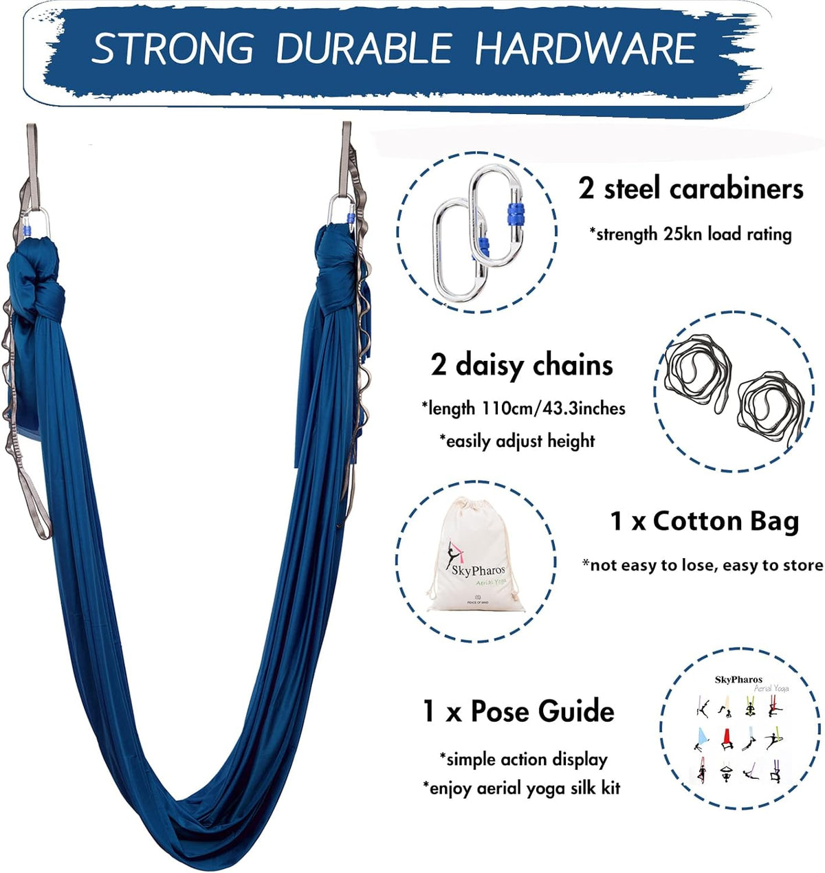 5.5 Yards Aerial Silks Yoga Swing Set - Aerial Yoga Hammock Kit Anti-Gravity Flying for Fitness, Low/Non Stretch Nylon Tricot Fabric Hardware Included for Dance