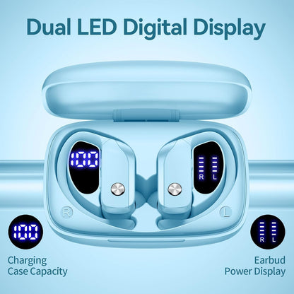bmani Ear Buds Wireless Earbuds Bluetooth Headphones with 80H Playtime LED Display Case, Over-Ear Hook with Mic, Stereo Sound, Easy Button Controls, Sports Earphones for Running Workout Sky Blue
