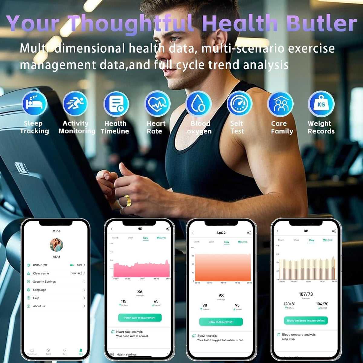 Activity Tracker Ring for Men Women – Smart Health Ring with Heart Rate, SpO2, Blood Pressure, Sleep Monitoring, Step & Calorie Counter, 5ATM Waterproof, No Subscription Fee (Gold 9)