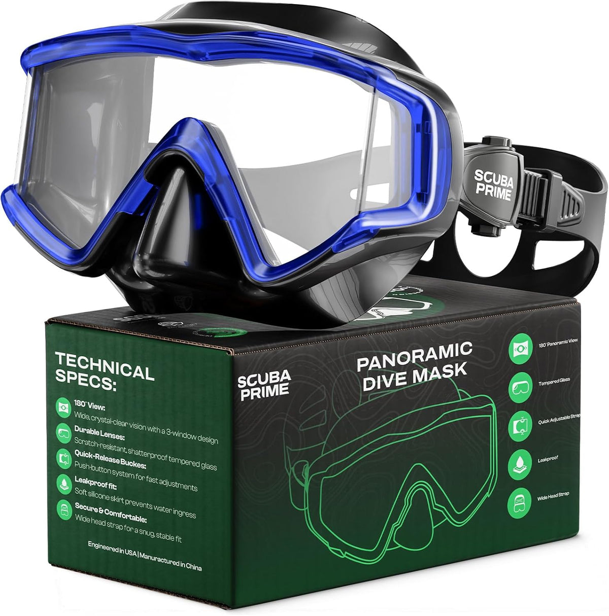 Pano 3 Scuba Diving Mask, Tempered Glass Snorkel Mask Three-Window Scuba Mask No-Leak Dive Mask Silicone Skirt Diving Mask for Snorkeling and Scuba Use