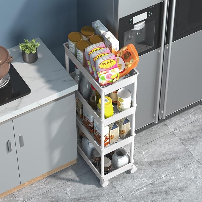 Sooyee 4 Tier Wide Storage Cart Mobile Shelving Unit Organizer Slide Out Storage Rolling Utility Cart Tower Rack for Kitchen Bathroom Laundry, Plastic & Stainless Steel,White