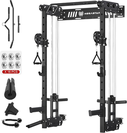 Wall Mounted Power Rack – 1600LB Capacity Compact Commercial Home Gym with Dual Cable Crossover, LAT Pulldown, Multi-Grip Pull-Up Bar & Landmine Attachment for Small Spaces, P67 Striker Red